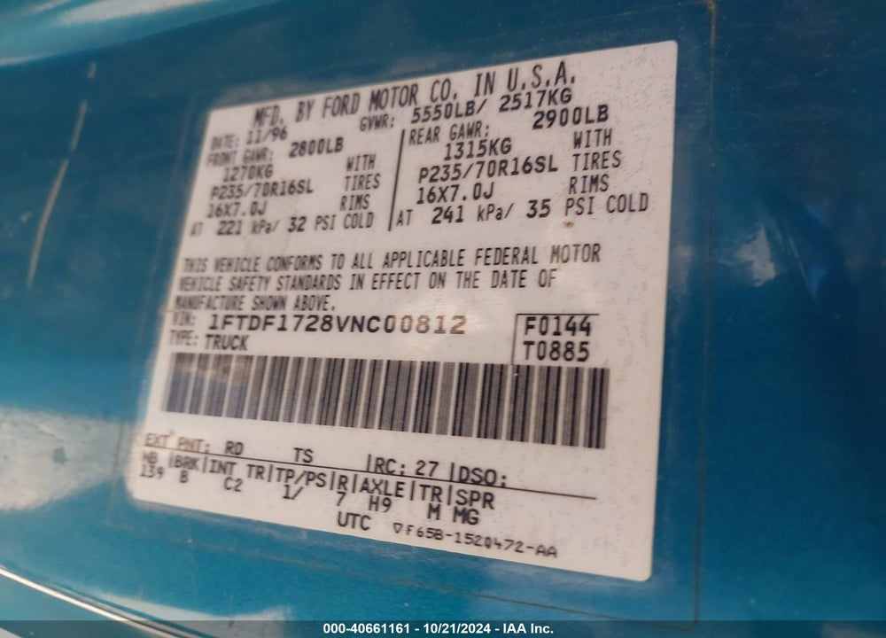 1997 FORD F-150 STANDARD/XL/XLT VIN: 1FTDF1728VNC00812