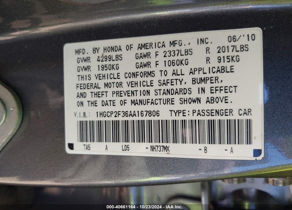 2010 HONDA ACCORD 2.4 LX VIN: 1HGCP2F36AA167806
