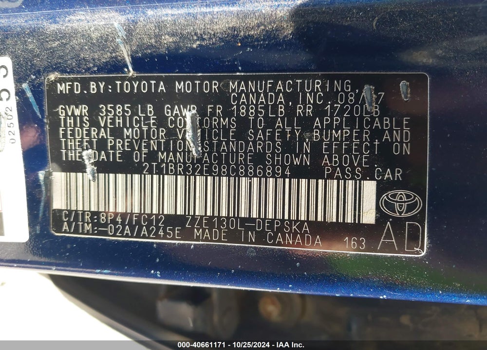 2008 TOYOTA COROLLA S VIN: 2T1BR32E98C886894