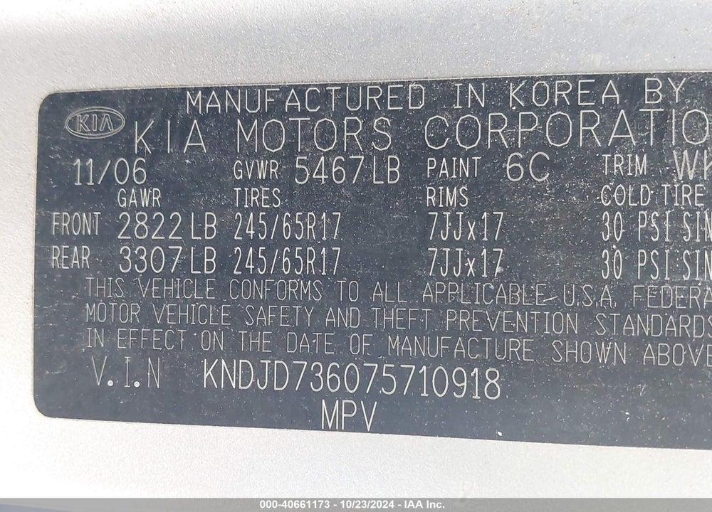 2007 KIA SORENTO LX VIN: KNDJD736075710918