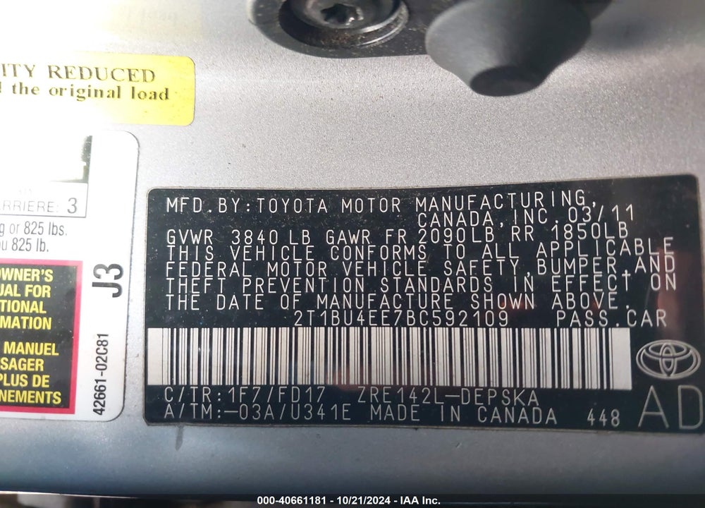 2011 TOYOTA COROLLA S VIN: 2T1BU4EE7BC592109