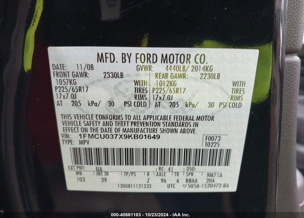 2009 FORD ESCAPE XLT VIN: 1FMCU037X9KB01649