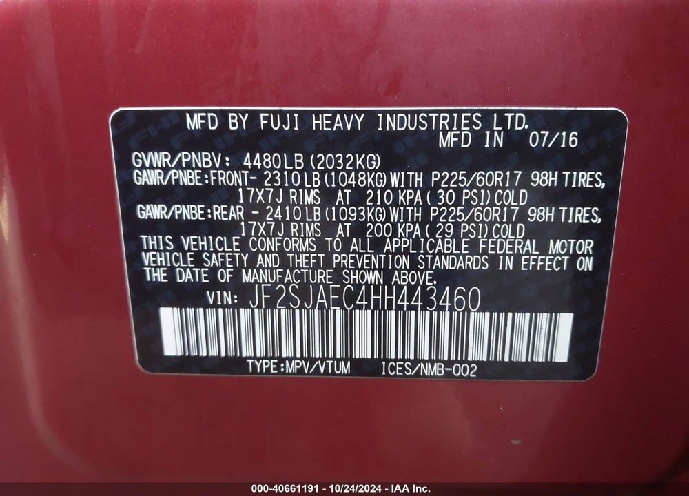 2017 SUBARU FORESTER VIN: JF2SJAEC4HH443460