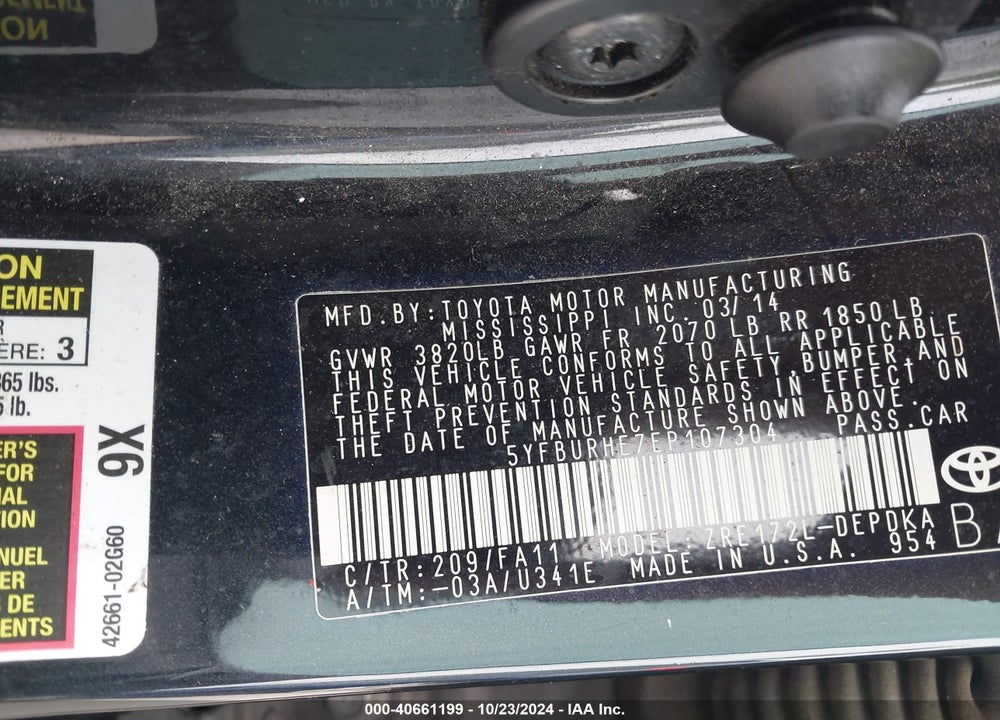 2014 TOYOTA COROLLA L VIN: 5YFBURHE7EP107304