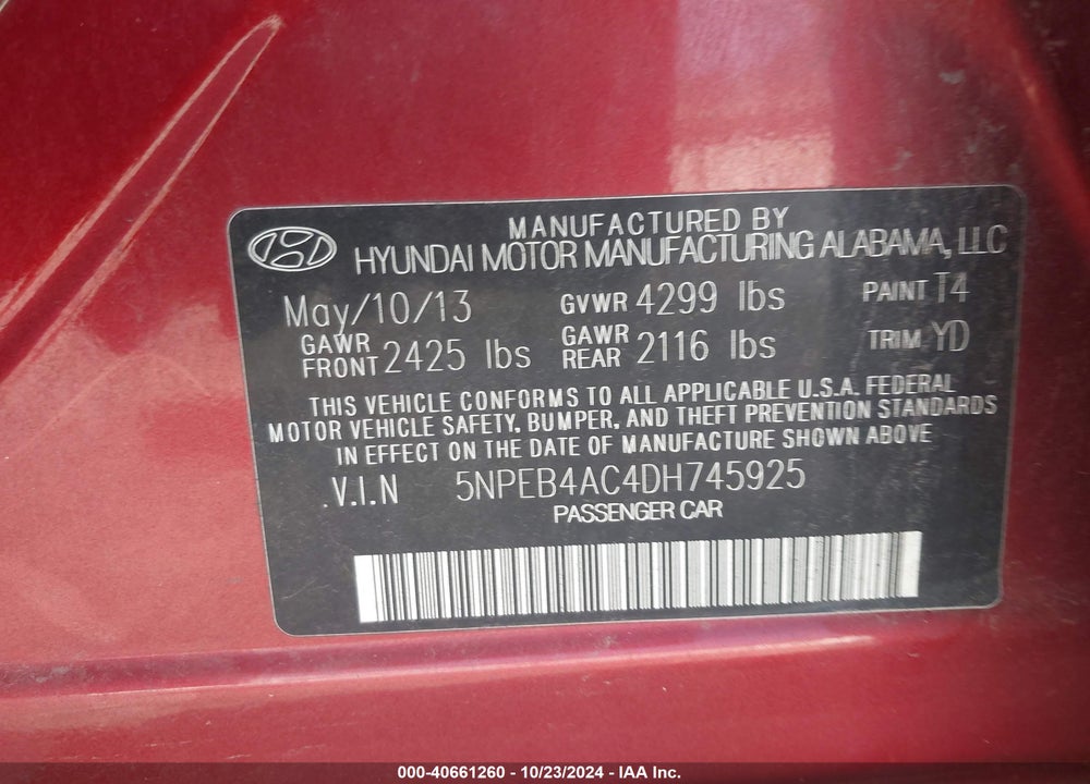 2013 HYUNDAI SONATA GLS VIN: 5NPEB4AC4DH745925