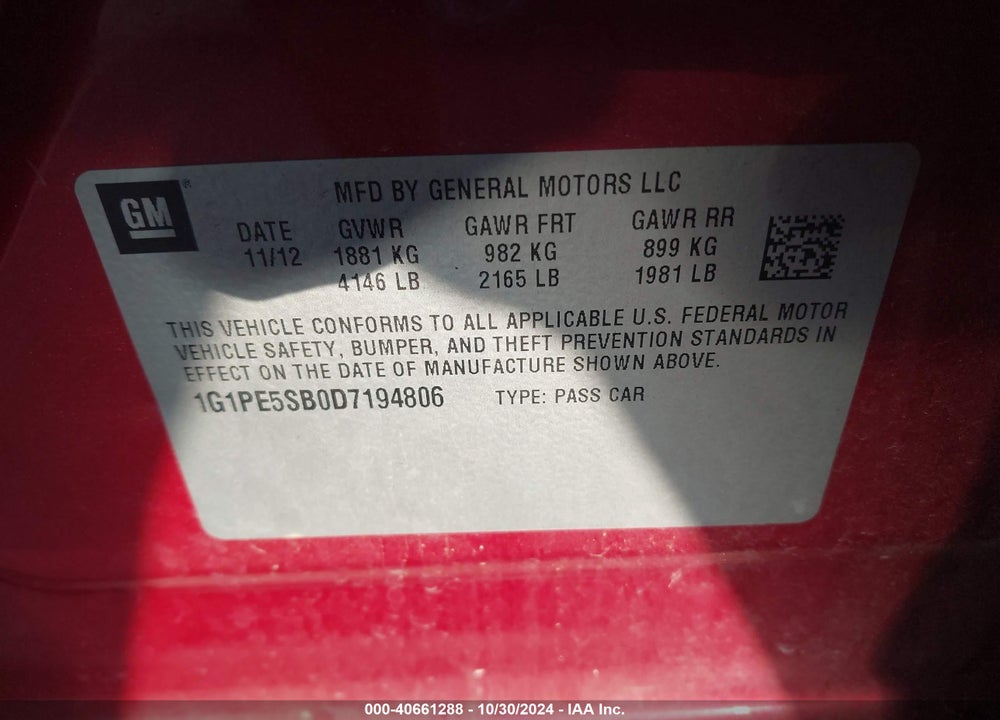 2013 CHEVROLET CRUZE 2LT AUTO VIN: 1G1PE5SB0D7194806