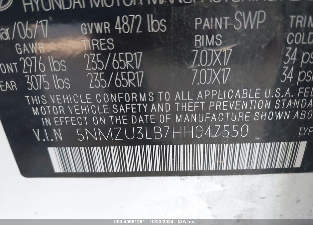 2017 HYUNDAI SANTA FE SPORT 2.4L VIN: 5NMZU3LB7HH047550