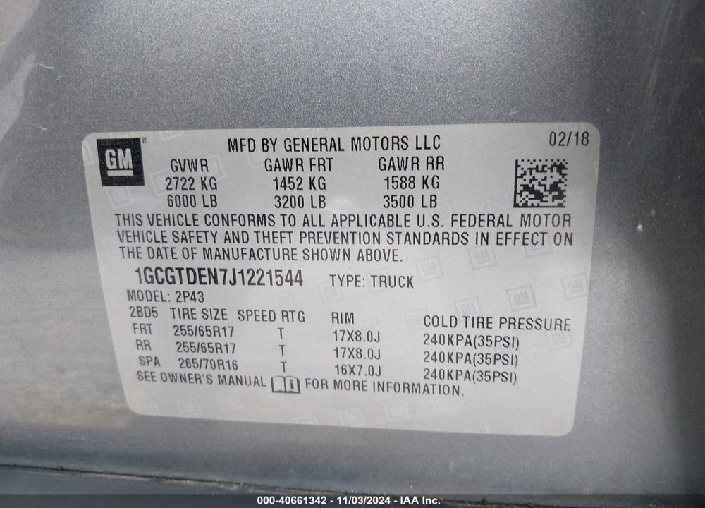 2018 CHEVROLET COLORADO Z71 VIN: 1GCGTDEN7J1221544