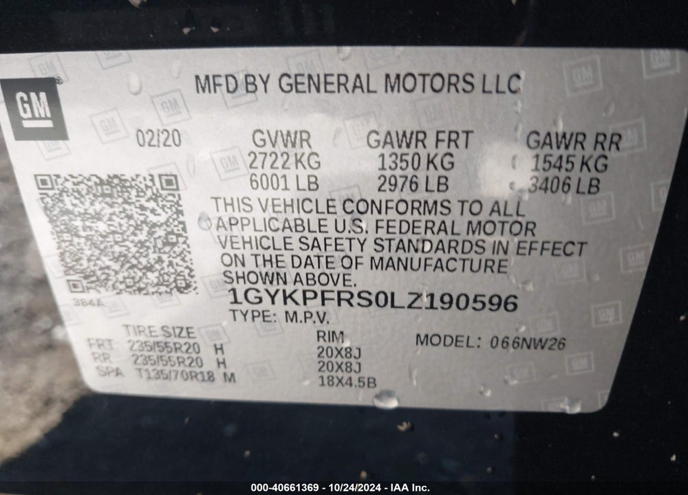 2020 CADILLAC XT6 AWD PREMIUM LUXURY VIN: 1GYKPFRS0LZ190596