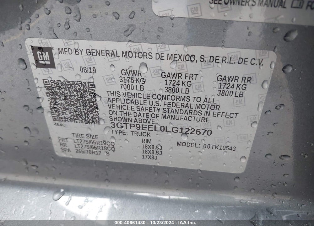 2020 GMC SIERRA 1500 4WD SHORT BOX AT4 VIN: 3GTP9EEL0LG122670