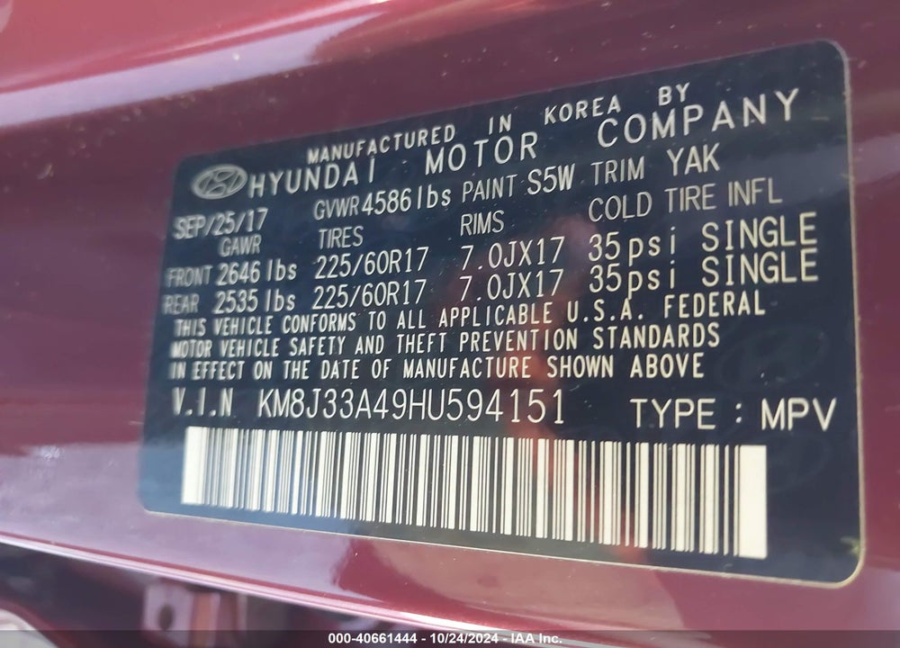 2017 HYUNDAI TUCSON SE VIN: KM8J33A49HU594151