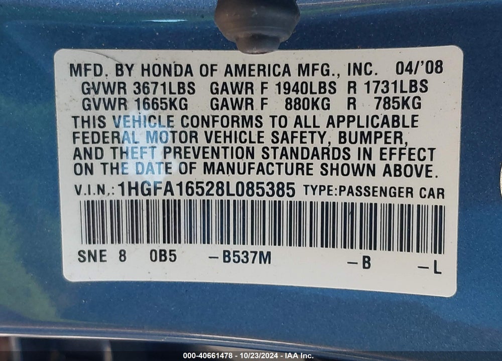 2008 HONDA CIVIC LX VIN: 1HGFA16528L085385
