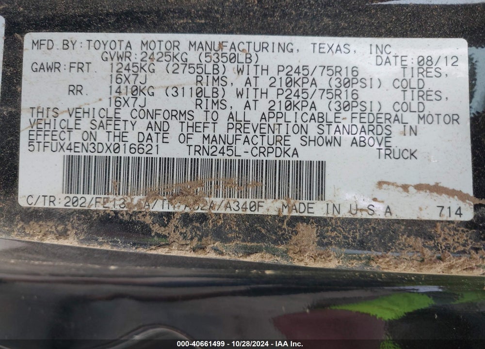 2013 TOYOTA TACOMA VIN: 5TFUX4EN3DX016621