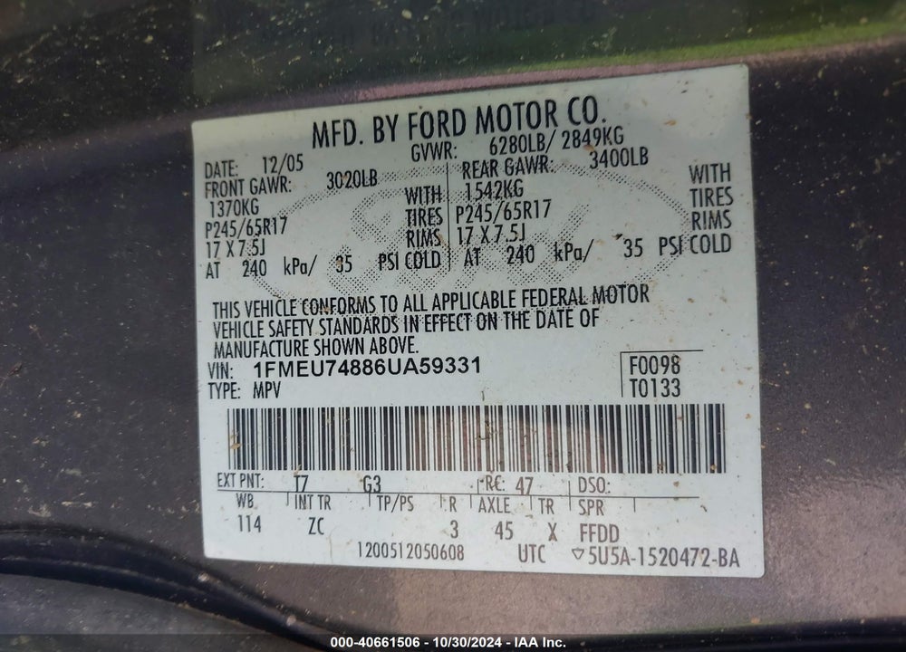 2006 FORD EXPLORER EDDIE BAUER VIN: 1FMEU74886UA59331