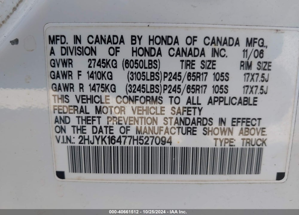 2007 HONDA RIDGELINE RTS VIN: 2HJYK16477H527094
