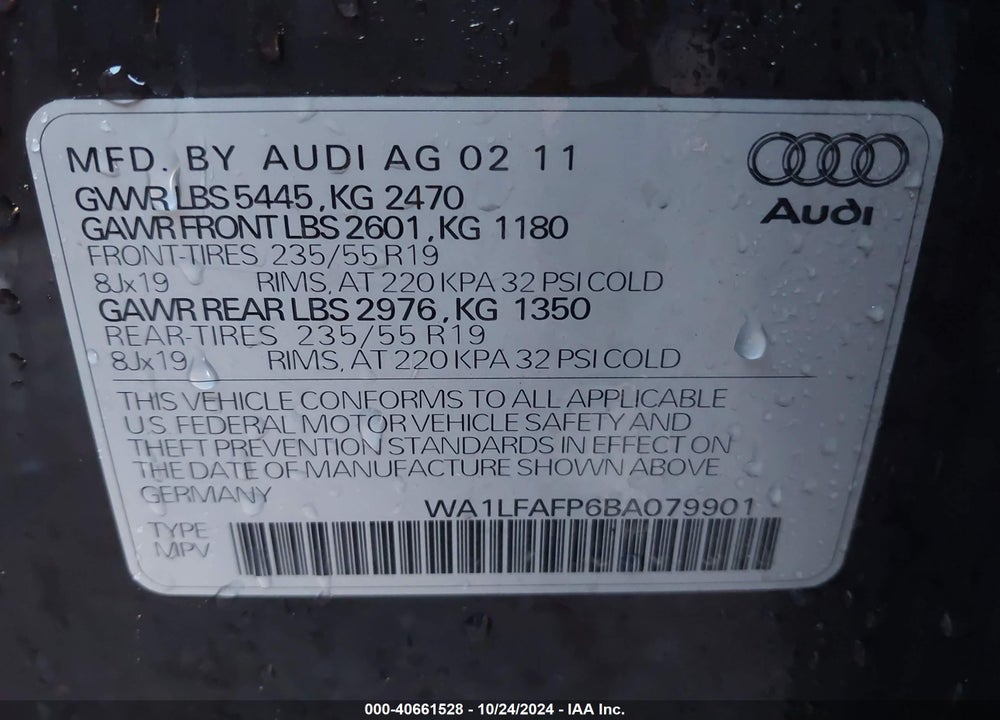 2011 AUDI Q5 2.0T PREMIUM VIN: WA1LFAFP6BA079901