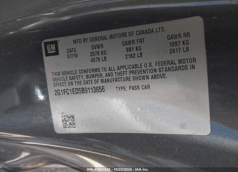 2011 CHEVROLET CAMARO 2LT VIN: 2G1FC1ED5B9113656
