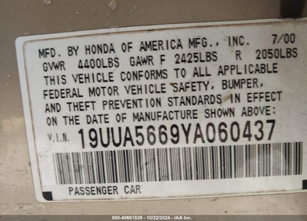 2000 ACURA TL 3.2 VIN: 19UUA5669YA060437