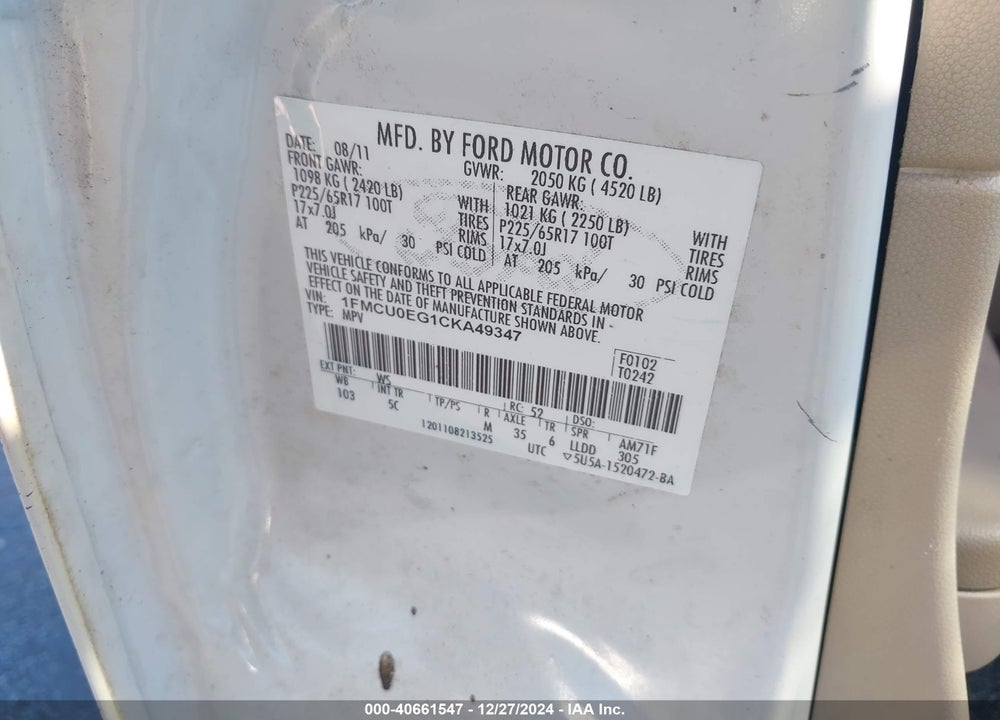 2012 FORD ESCAPE LIMITED VIN: 1FMCU0EG1CKA49347