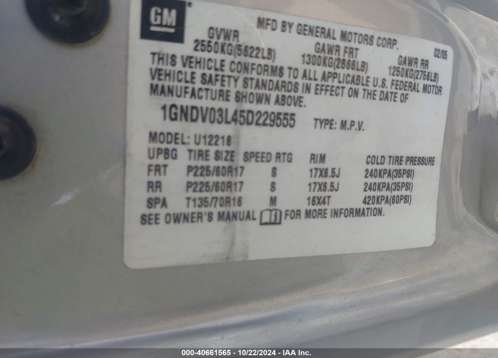 2005 CHEVROLET UPLANDER VIN: 1GNDV03L45D229555