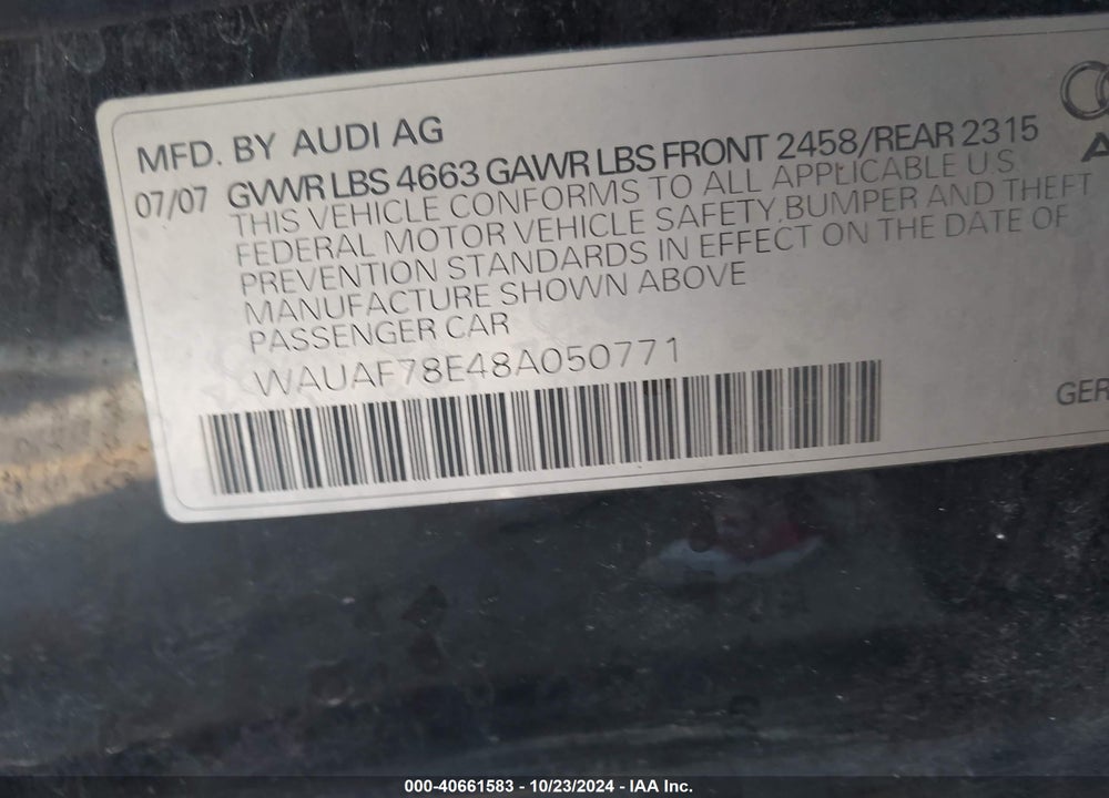 2008 AUDI A4 2.0T VIN: WAUAF78E48A050771