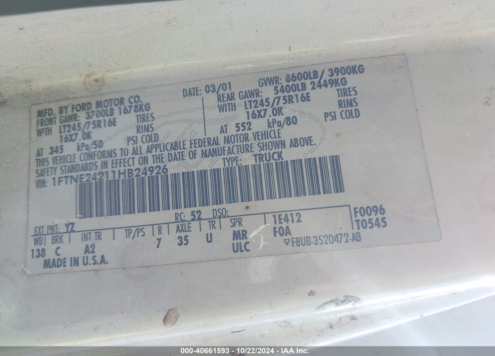2001 FORD E-250 COMMERCIAL VIN: 1FTNE24211HB24926