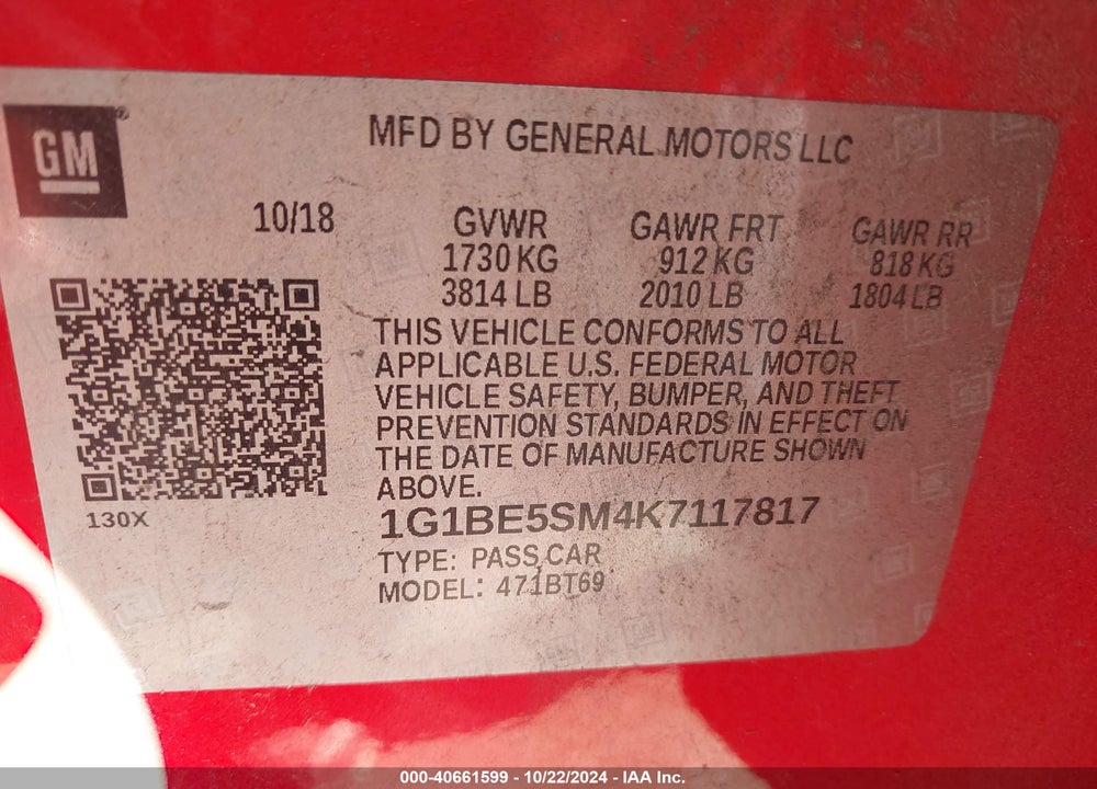 2019 CHEVROLET CRUZE LT VIN: 1G1BE5SM4K7117817