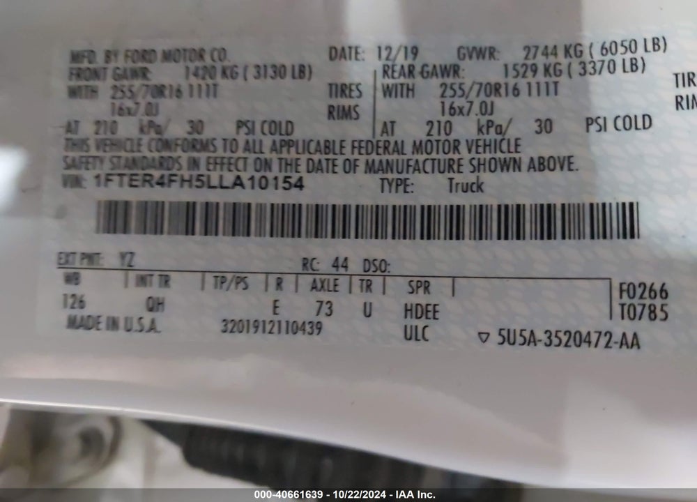 2020 FORD RANGER XL VIN: 1FTER4FH5LLA10154