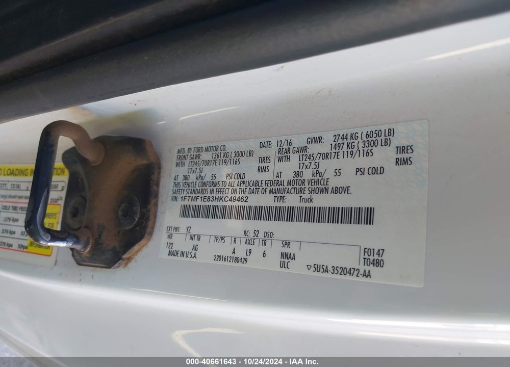 2017 FORD F-150 XL VIN: 1FTMF1E83HKC49462