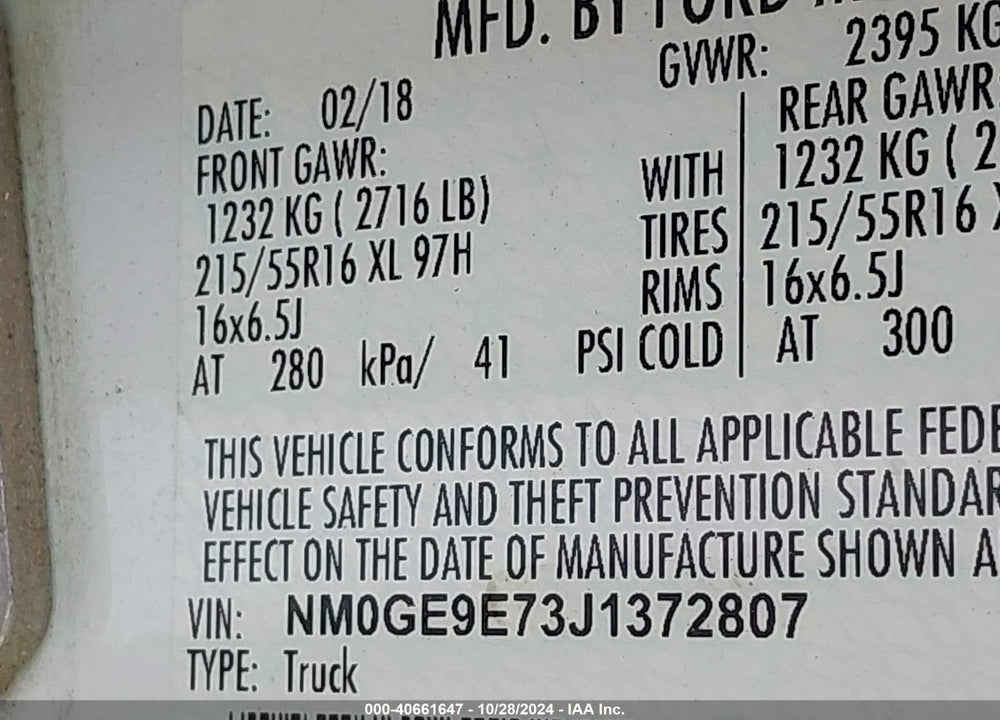 2018 FORD TRANSIT CONNECT XL VIN: NM0GE9E73J1372807