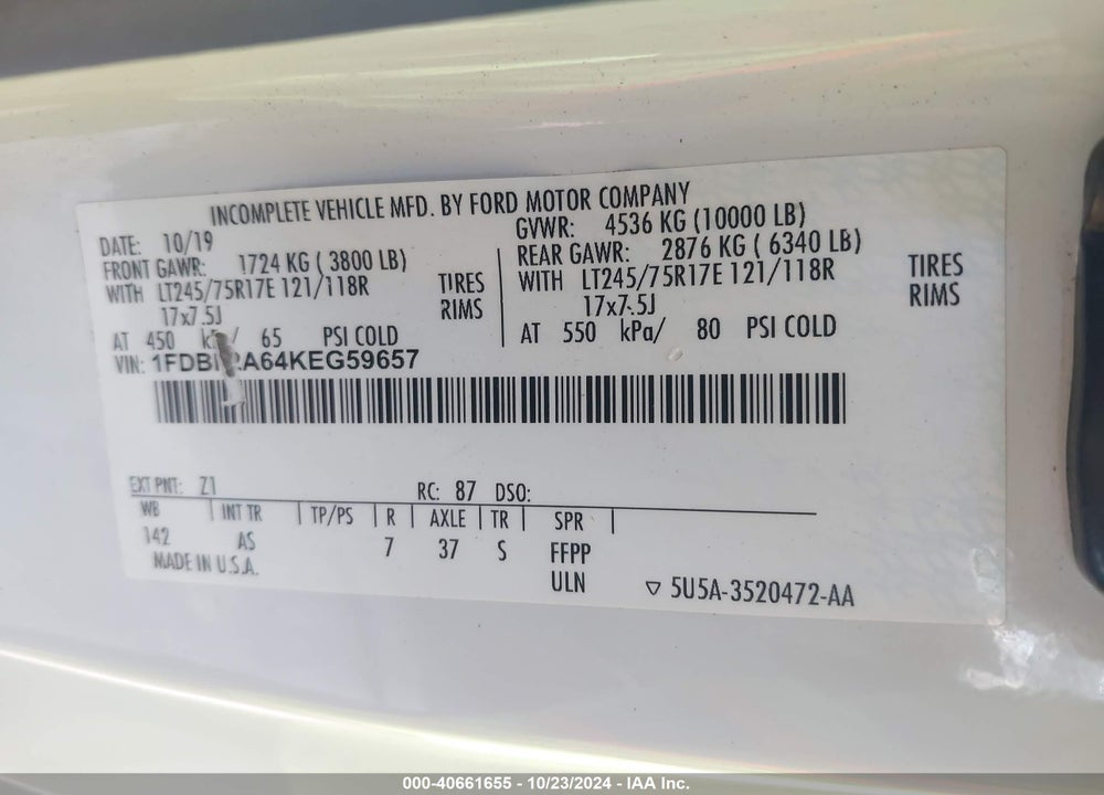 2019 FORD F-250 XL VIN: 1FDBF2A64KEG59657