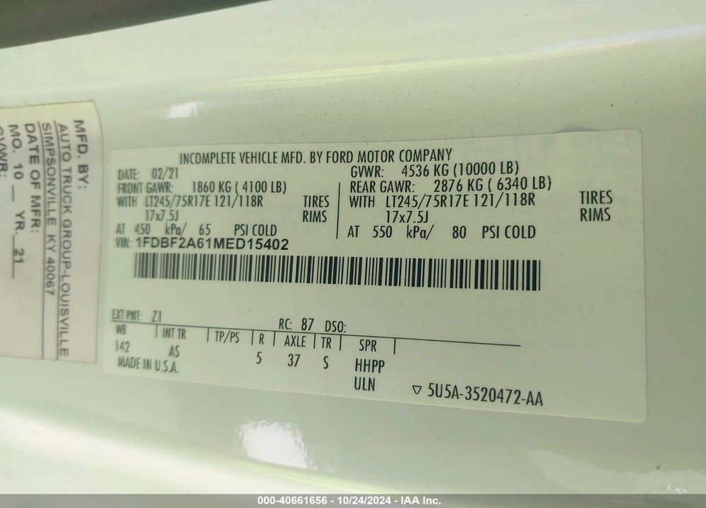 2021 FORD F-250 XL VIN: 1FDBF2A61MED15402