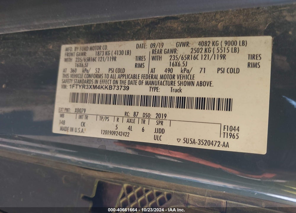 2019 FORD TRANSIT-250 VIN: 1FTYR3XM4KKB73739