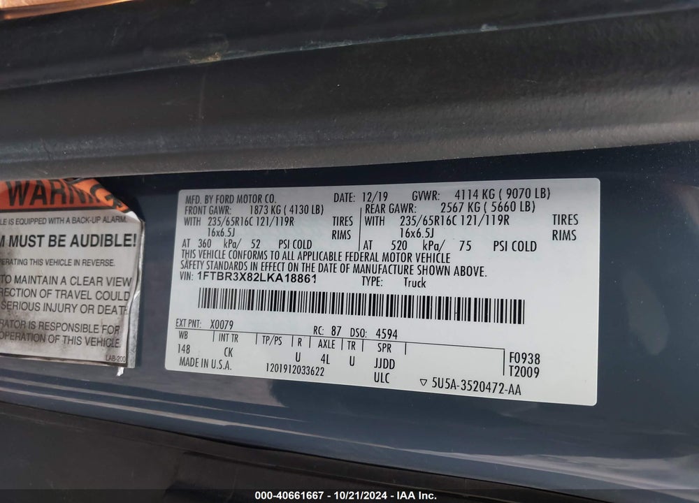 2020 FORD TRANSIT-250 CARGO VAN VIN: 1FTBR3X82LKA18861