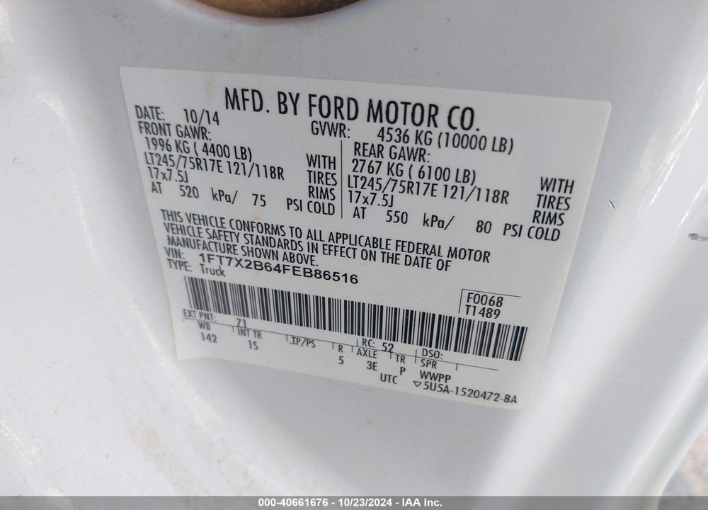 2015 FORD F-250 XL VIN: 1FT7X2B64FEB86516