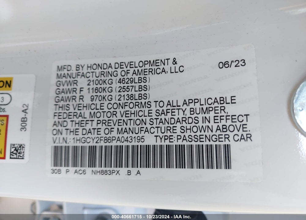 2023 HONDA ACCORD HYBRID TOURING VIN: 1HGCY2F86PA043195