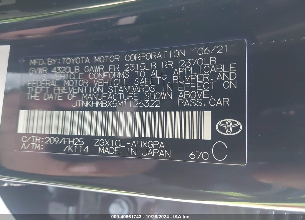 2021 TOYOTA C-HR NIGHTSHADE EDITION VIN: JTNKHMBX5M1126322