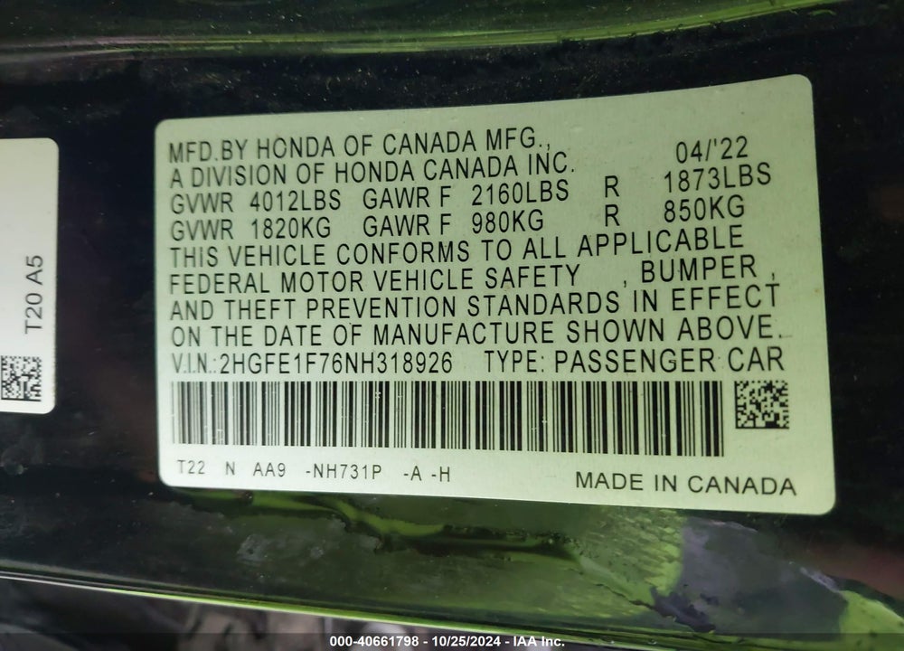 2022 HONDA CIVIC EX VIN: 2HGFE1F76NH318926