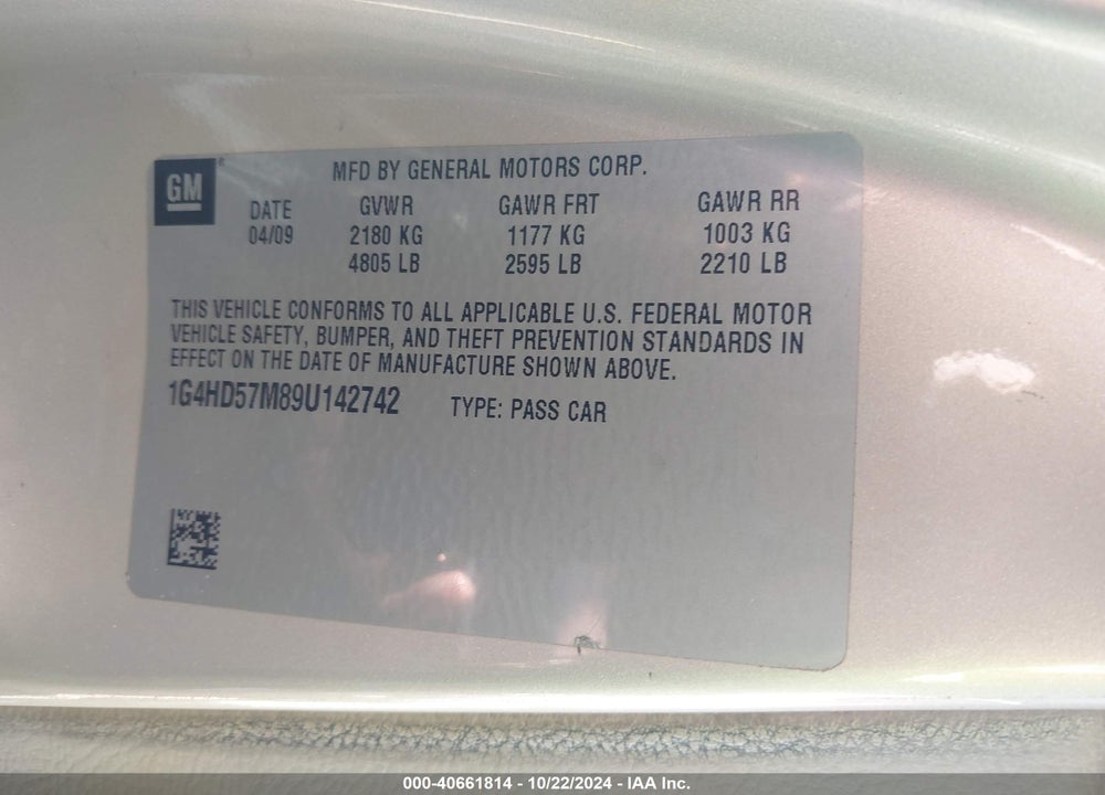 2009 BUICK LUCERNE CXL-3 VIN: 1G4HD57M89U142742