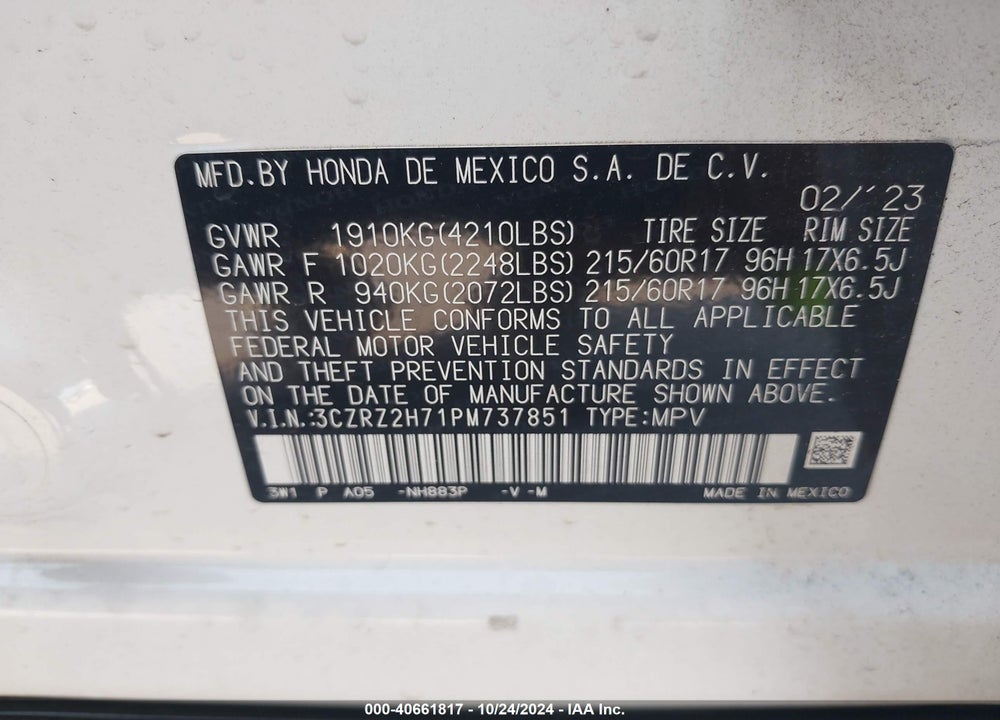 2023 HONDA HR-V AWD EX-L VIN: 3CZRZ2H71PM737851