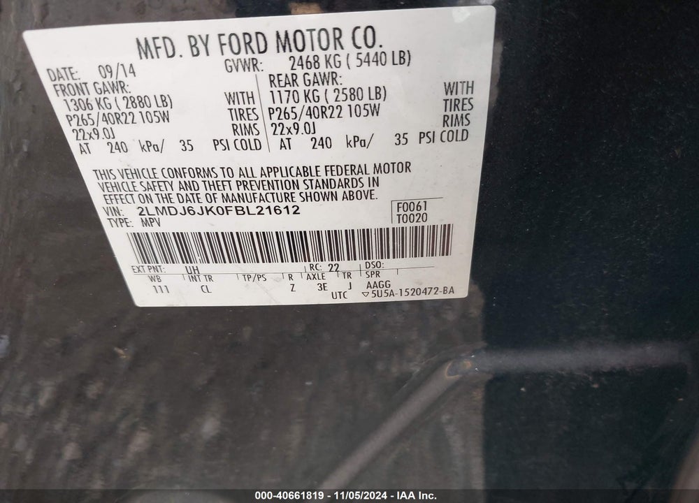 2015 LINCOLN MKX VIN: 2LMDJ6JK0FBL21612