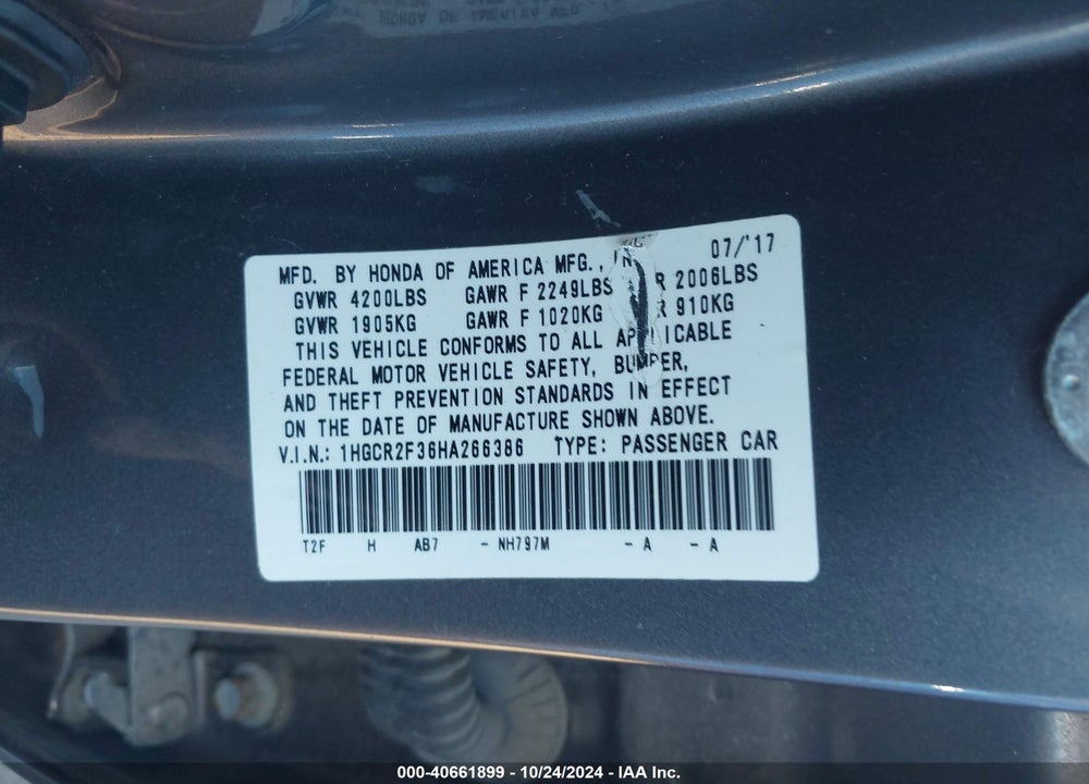 2017 HONDA ACCORD LX VIN: 1HGCR2F36HA266386