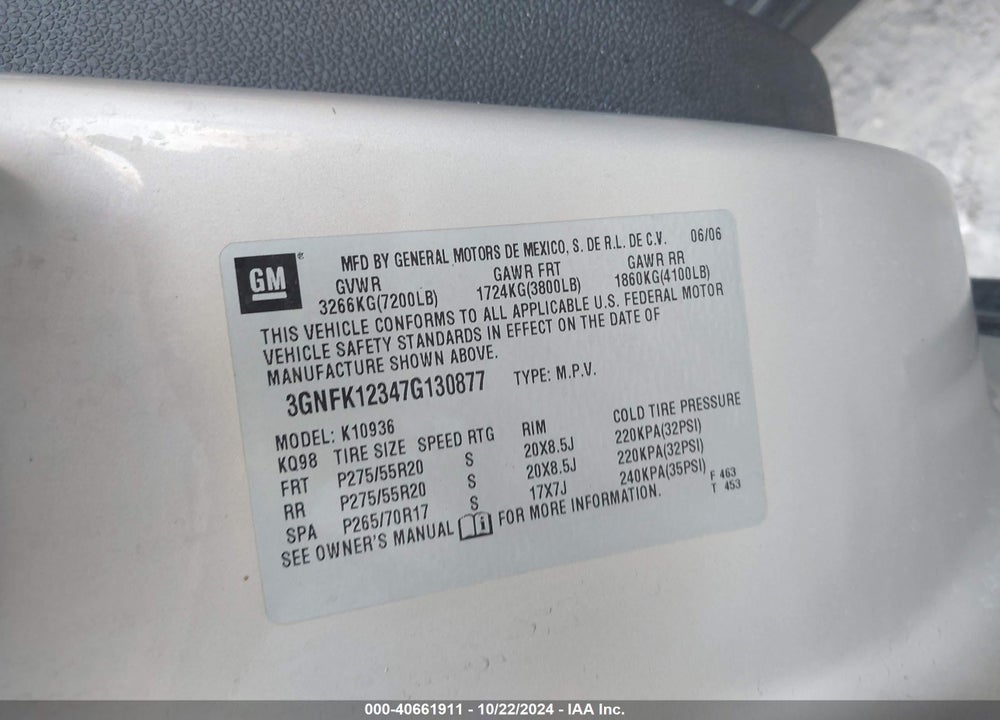 2007 CHEVROLET AVALANCHE 1500 LTZ VIN: 3GNFK12347G130877