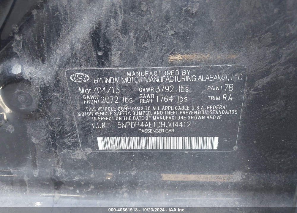 2013 HYUNDAI ELANTRA VIN: 5NPDH4AE1DH304412