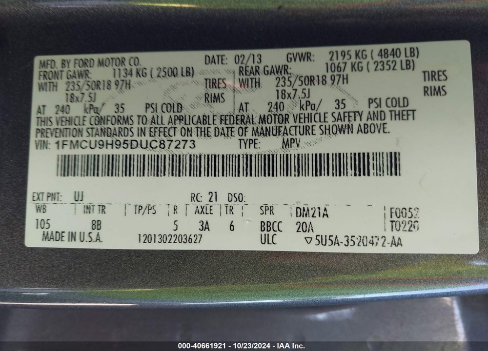 2013 FORD ESCAPE SEL VIN: 1FMCU9H95DUC87273