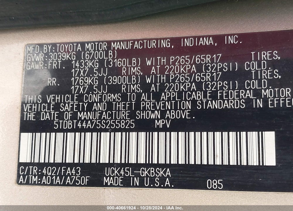 2005 TOYOTA SEQUOIA SR5 V8 VIN: 5TDBT44A75S255825