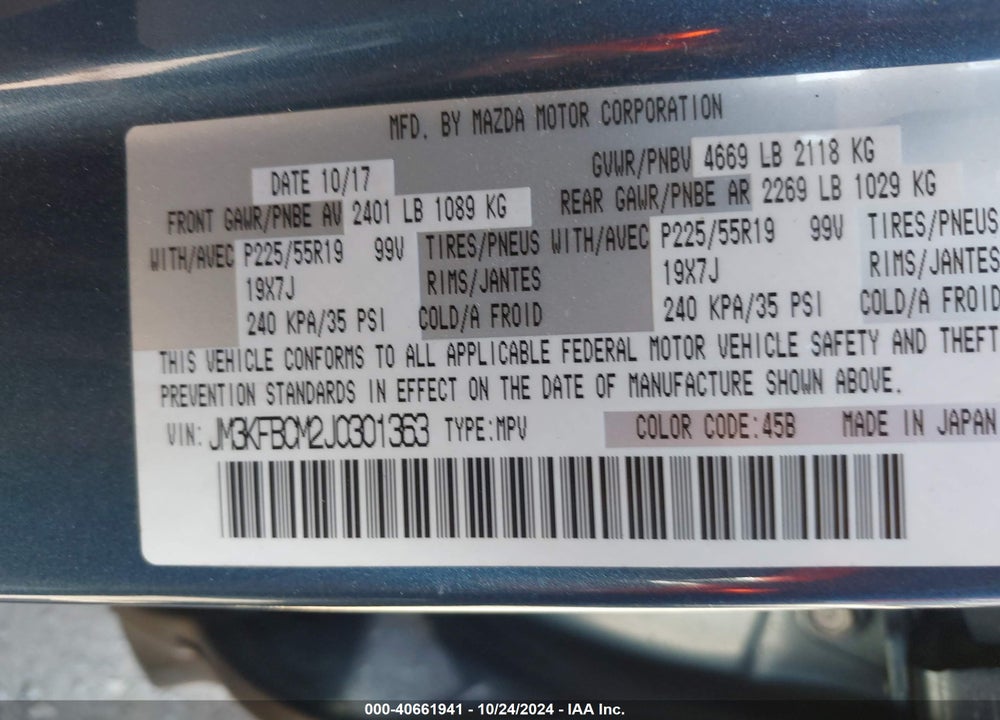 2018 MAZDA CX-5 TOURING VIN: JM3KFBCM2J0301363