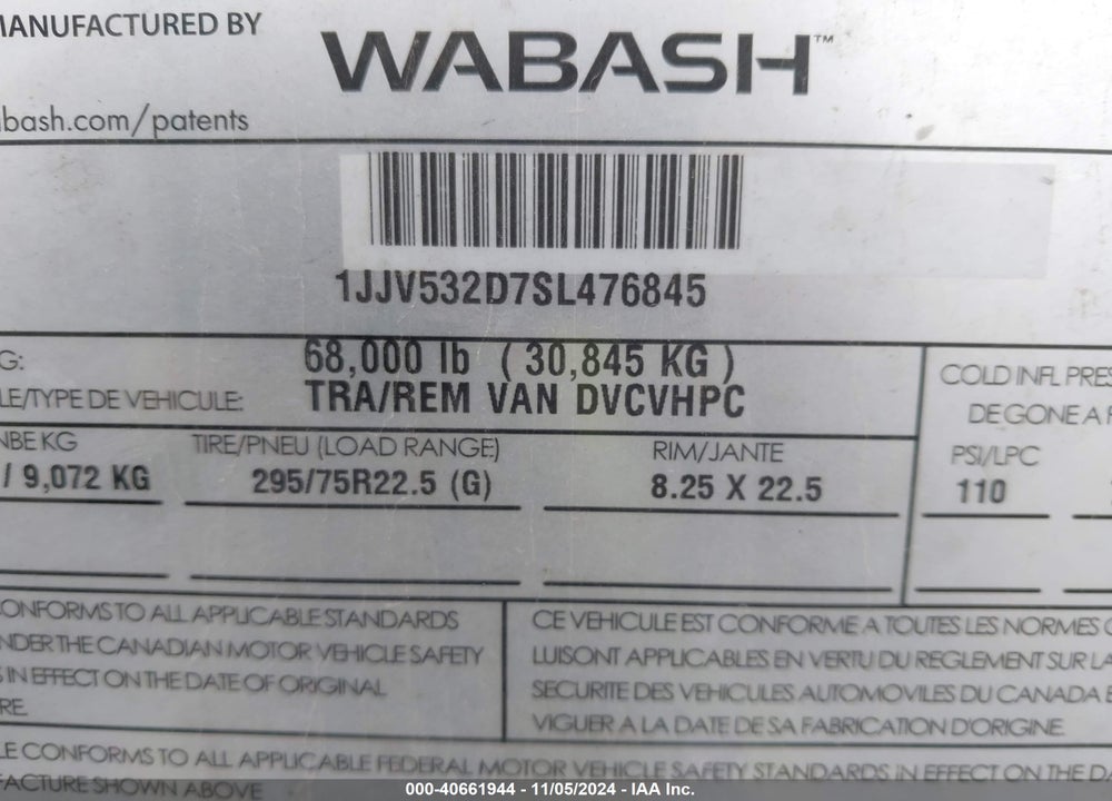 2025 WABASH NATIONAL CORP DVCVHPC VIN: 1JJV532D7SL476845