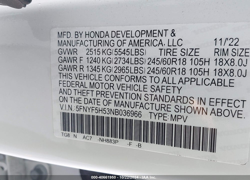 2022 HONDA PILOT 2WD EX-L VIN: 5FNYF5H53NB036966