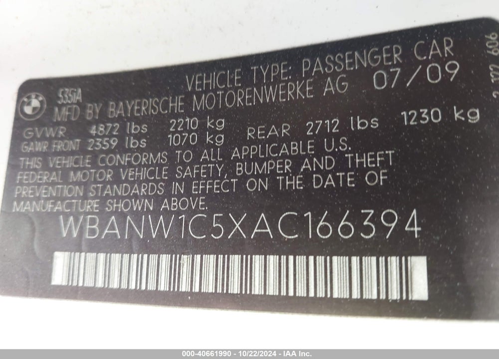 2010 BMW 535I VIN: WBANW1C5XAC166394